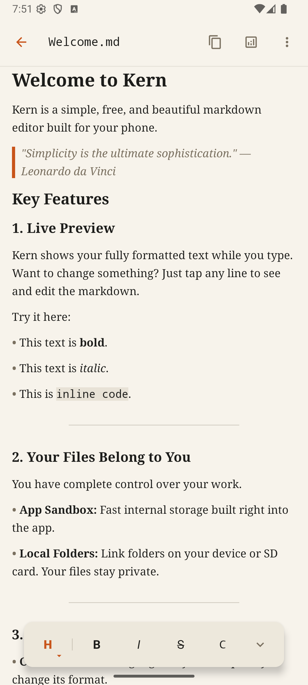 Kern editing Welcome.md with rendered Markdown formatting and the live formatting toolbar